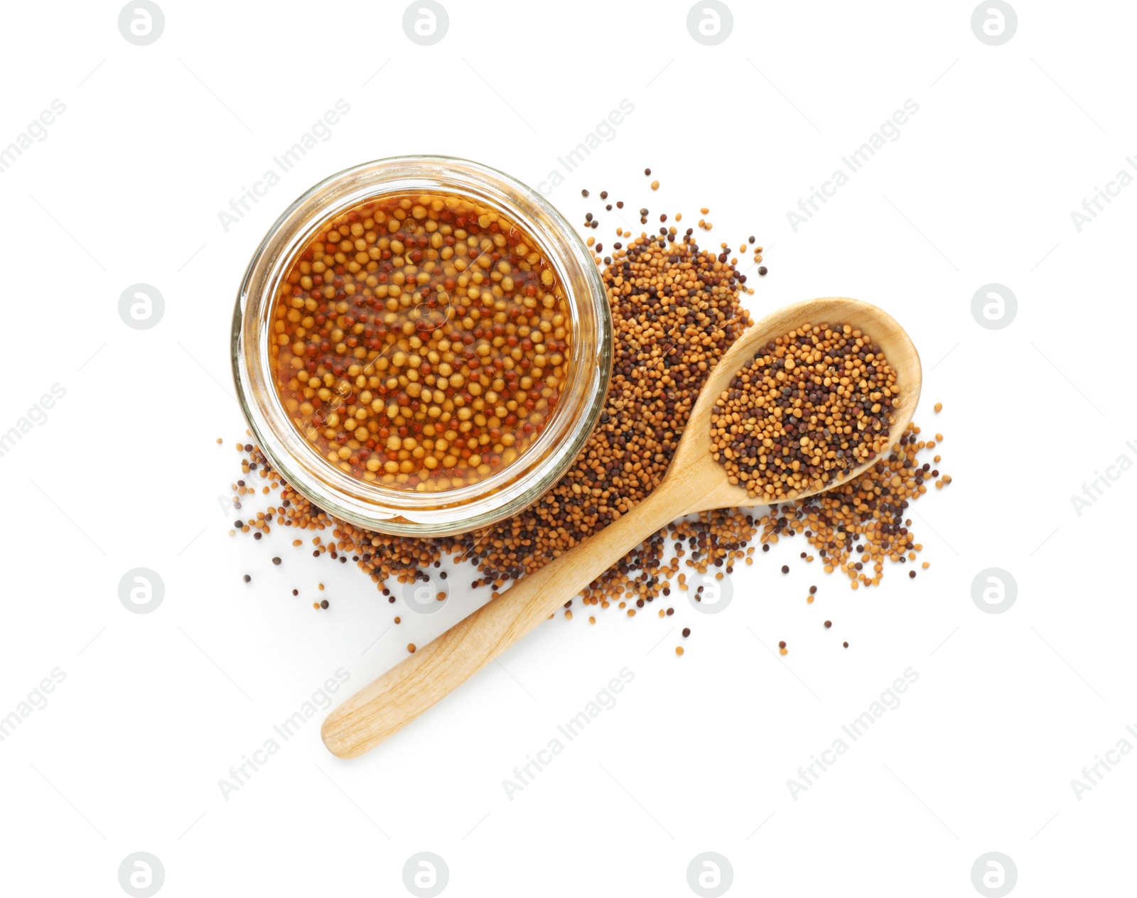 Photo of Fresh whole grain mustard in jar, spoon and dry seeds isolated on white, top view