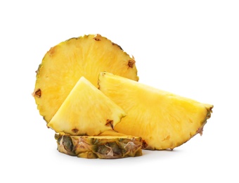 Photo of Slices of tasty juicy pineapple on white background