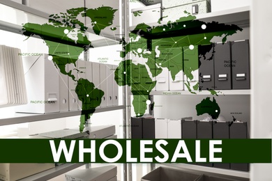 Image of Wholesale business. World map and shelves with documents on background