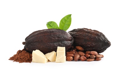 Photo of Composition with cocoa products on white background