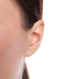 Photo of Woman on white background, closeup view of ear