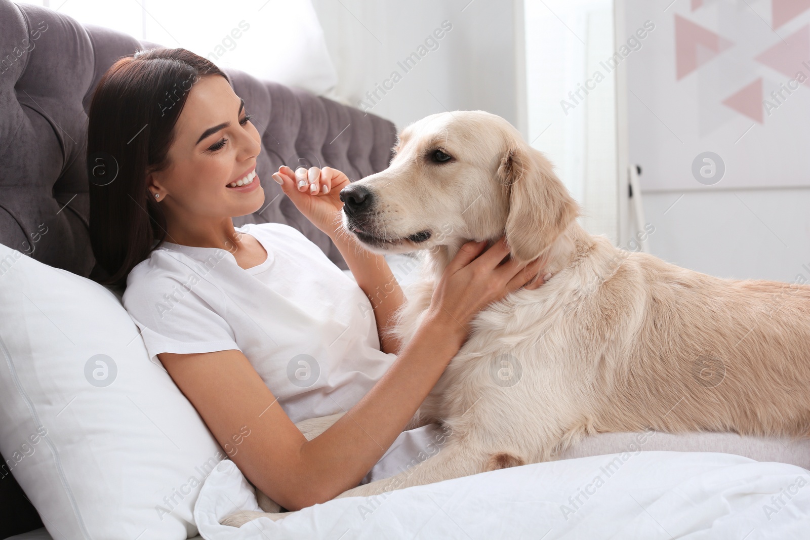 Photo of Young woman and her Golden Retriever dog on bed at home