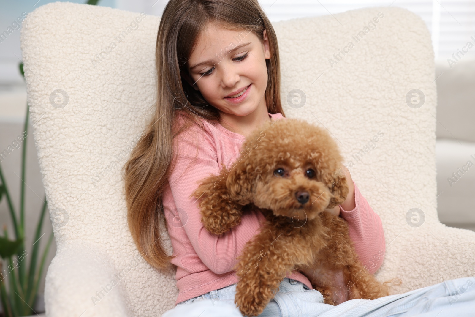 Photo of Little child with cute puppy in armchair indoors. Lovely pet