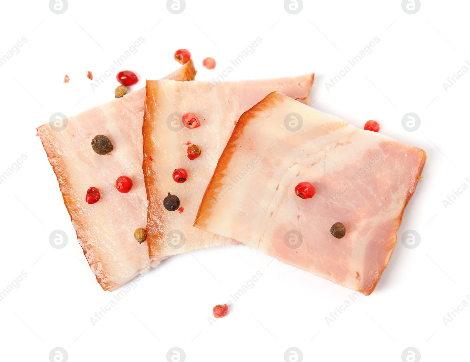 Photo of Delicious smoked bacon with peppercorns on white background, top view