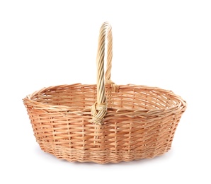 Photo of Wicker basket with handle isolated on white