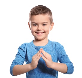Photo of Little boy showing HOUSE gesture in sign language on white background