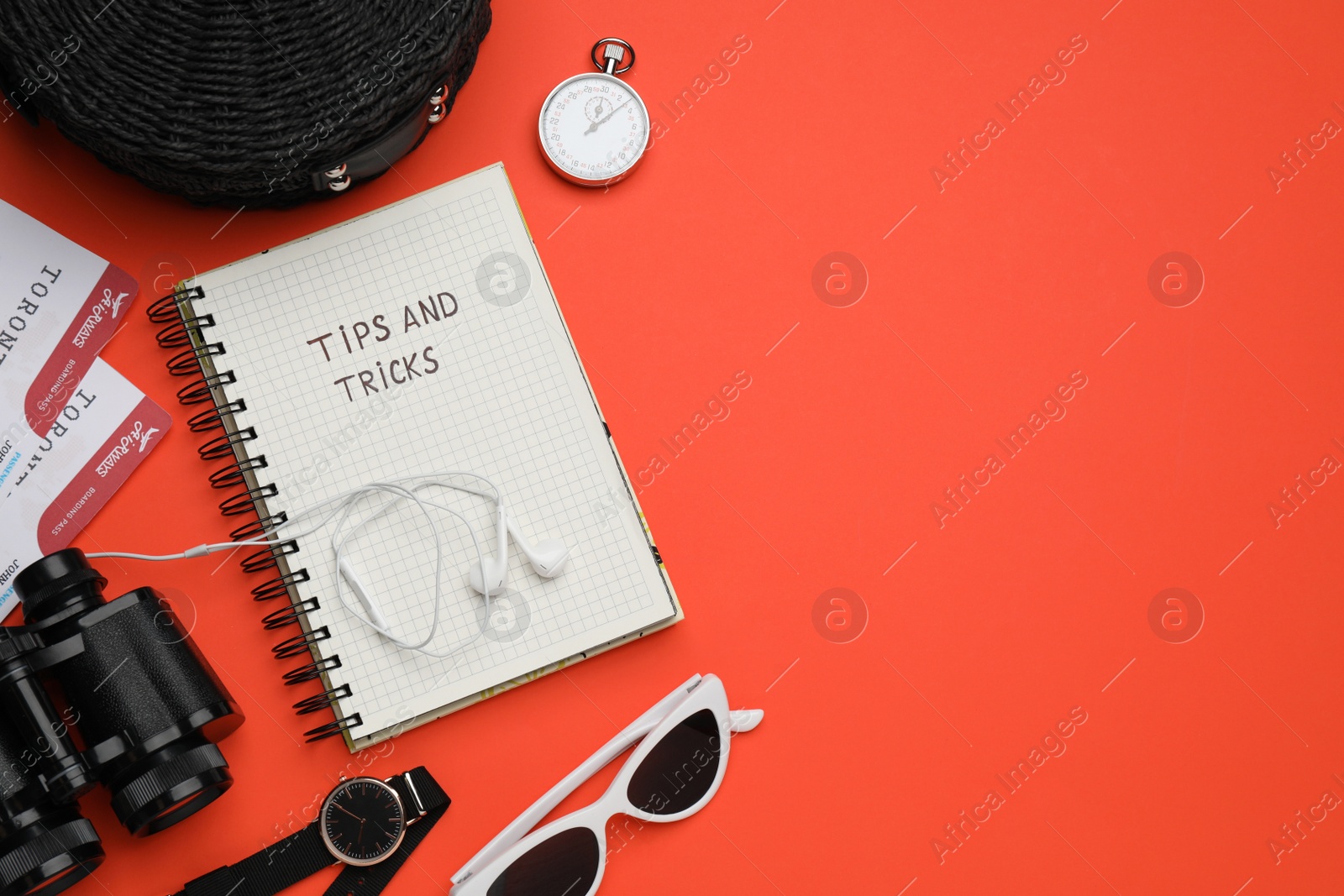 Photo of Flat lay composition with notebook on orange background, space for text. Tips and Tricks