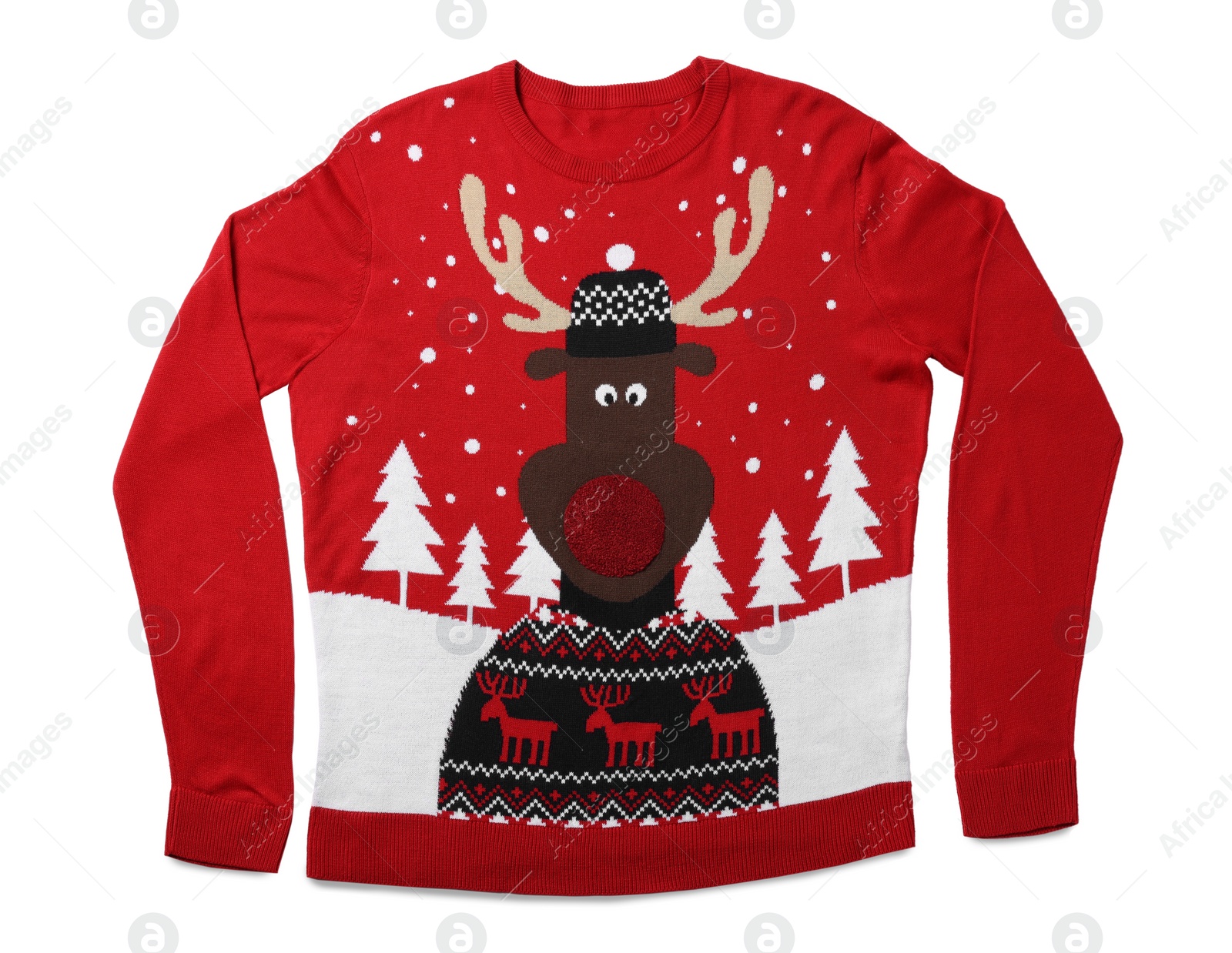 Photo of Red Christmas sweater with funny reindeer isolated on white, top view