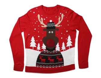 Red Christmas sweater with funny reindeer isolated on white, top view