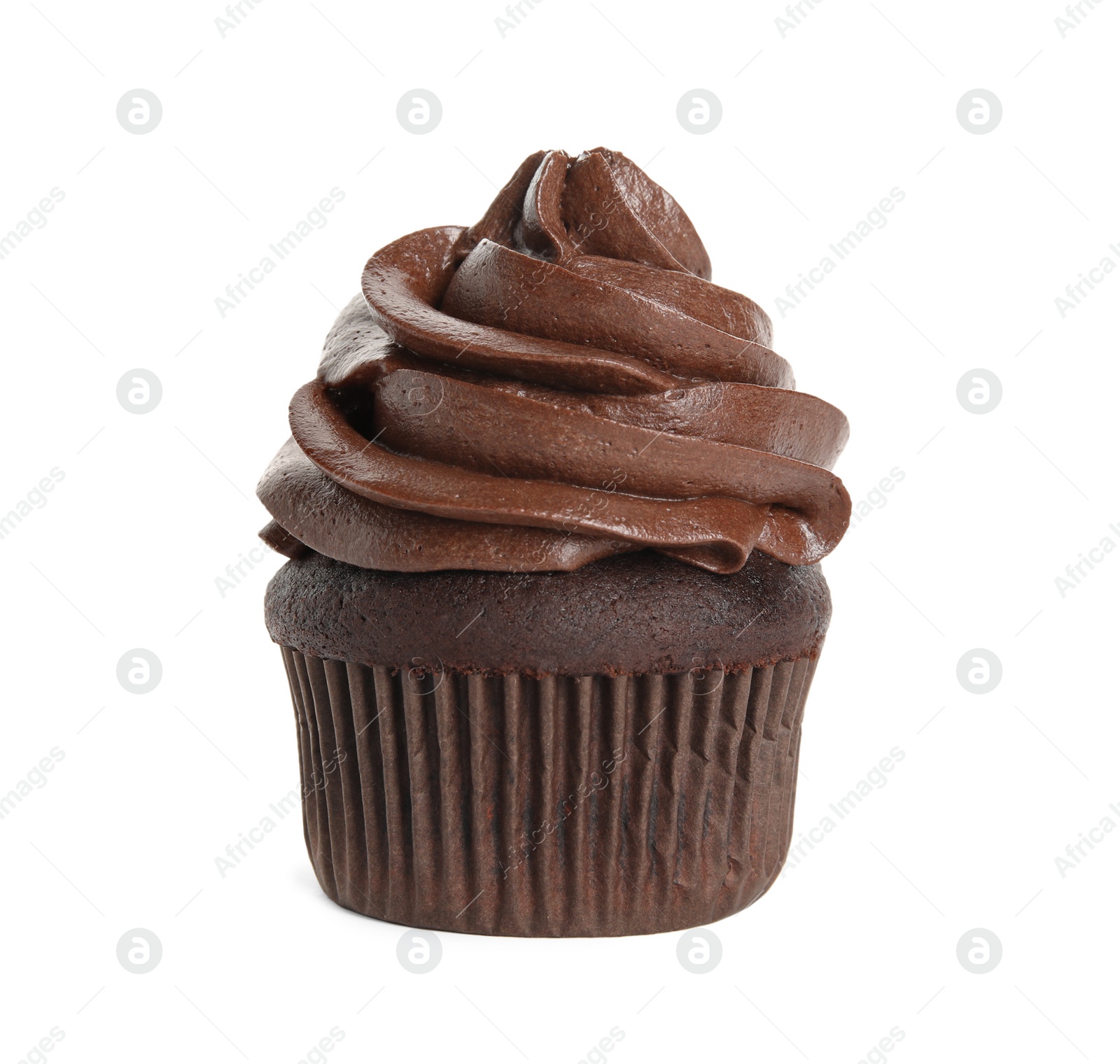 Photo of Delicious chocolate cupcake with cream isolated on white