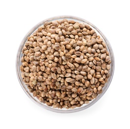 Photo of Glass bowl of hemp seeds on white background, top view