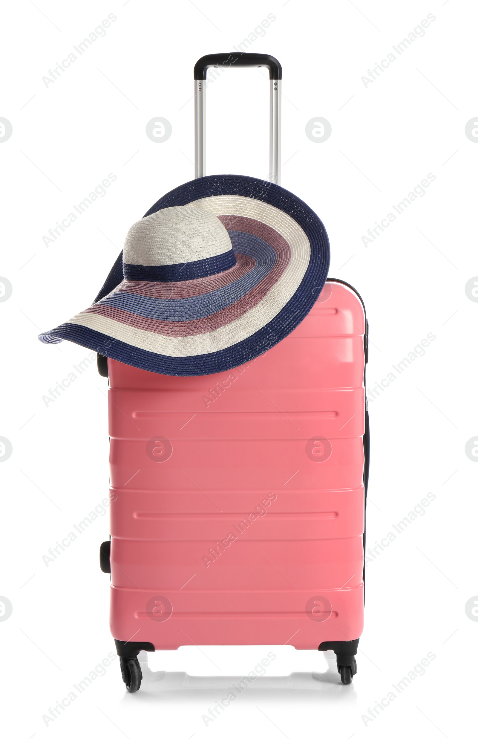 Photo of Suitcase with hat on white background. Travel preparation