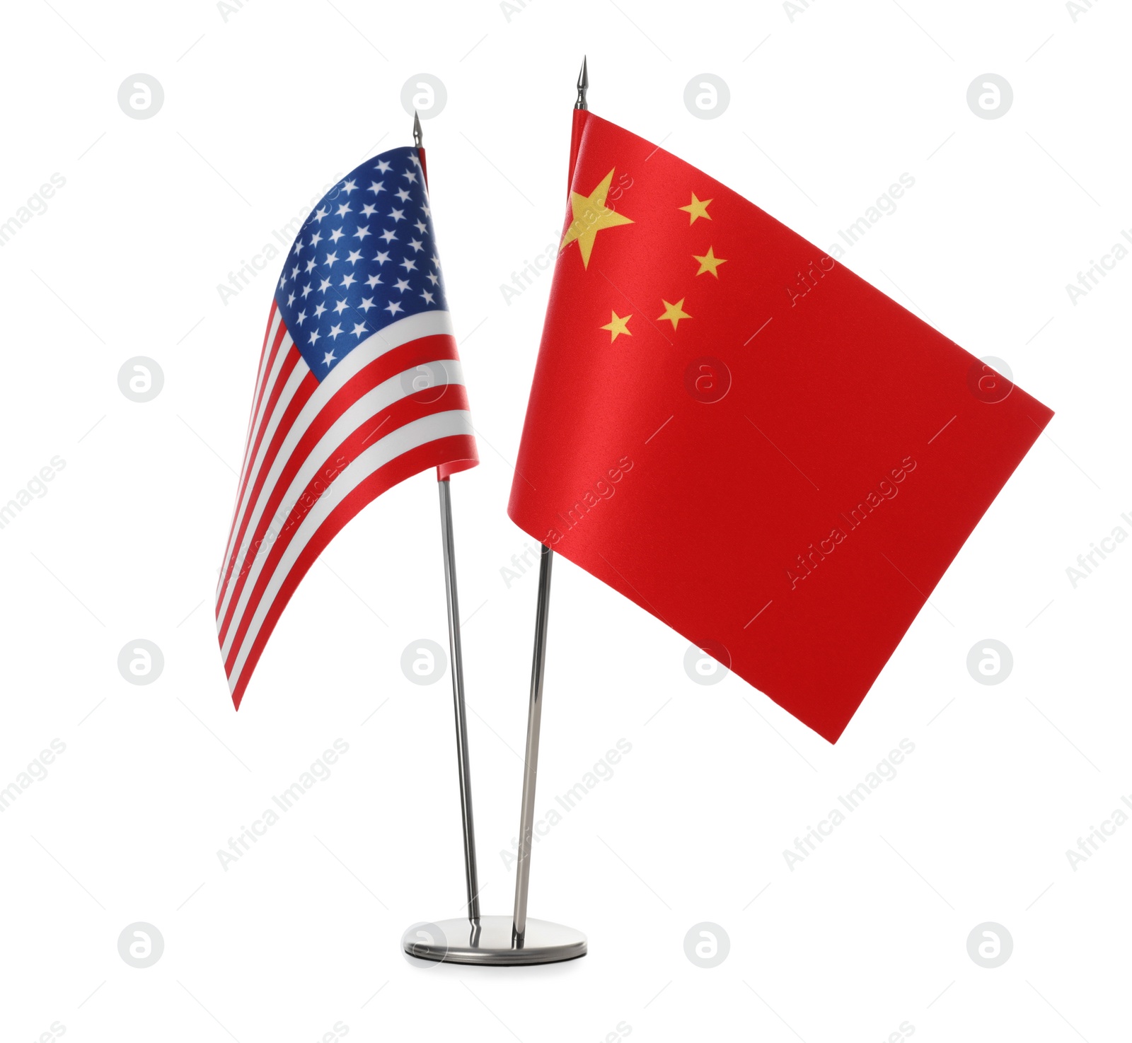 Photo of USA and China flags on white background. International relations