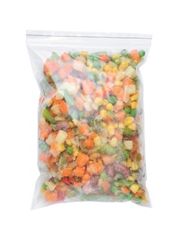 Plastic bag with frozen vegetables on white background, top view