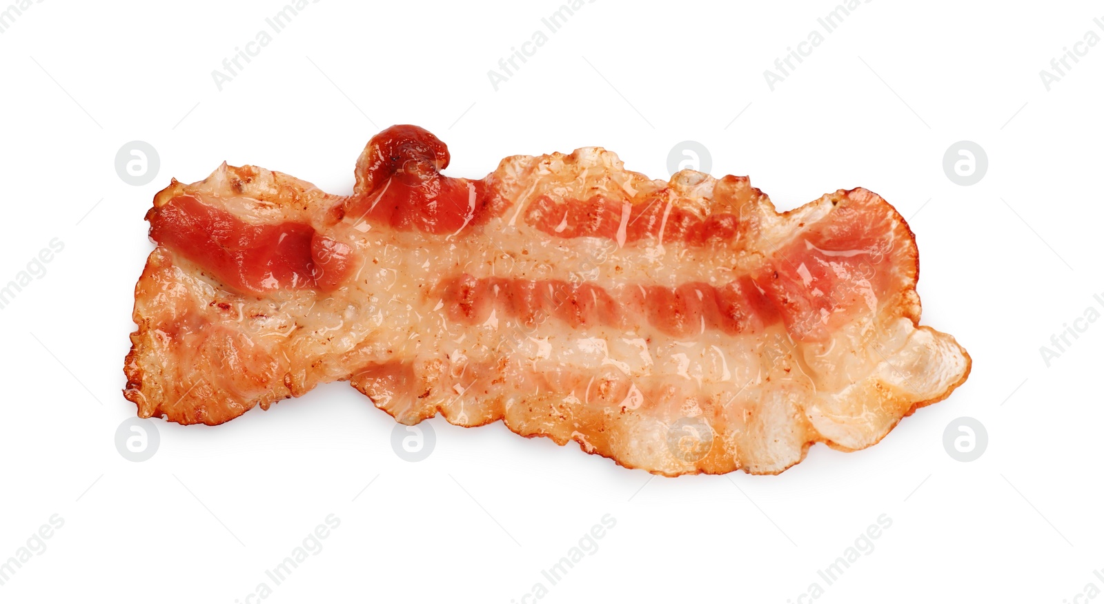 Photo of One fried bacon slice isolated on white, top view