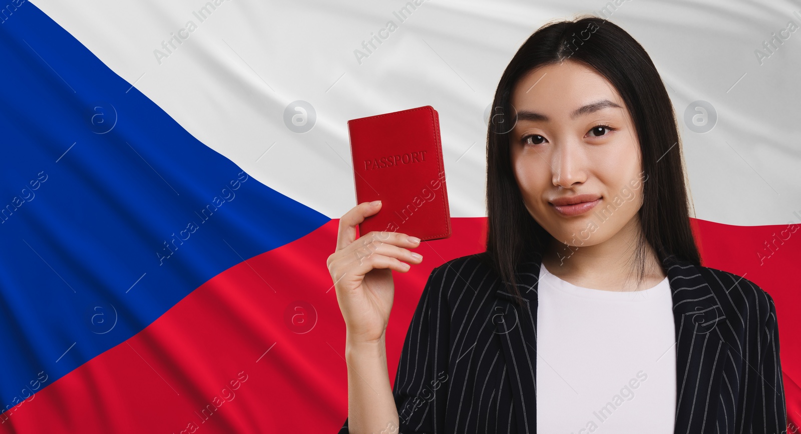 Image of Immigration. Happy woman with passport against national flag of Czech Republic, space for text. Banner design
