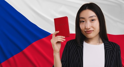 Immigration. Happy woman with passport against national flag of Czech Republic, space for text. Banner design