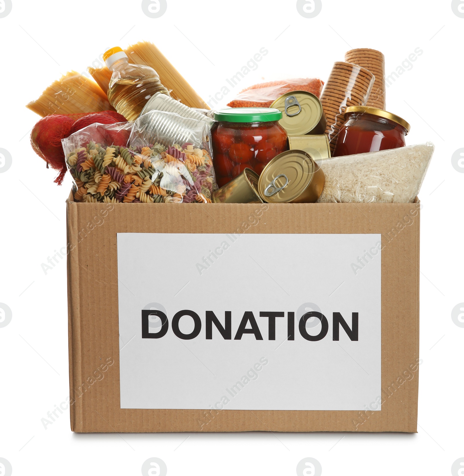 Photo of Donation box full of different products on white background