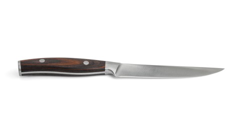 Photo of One sharp knife with wooden handle isolated on white