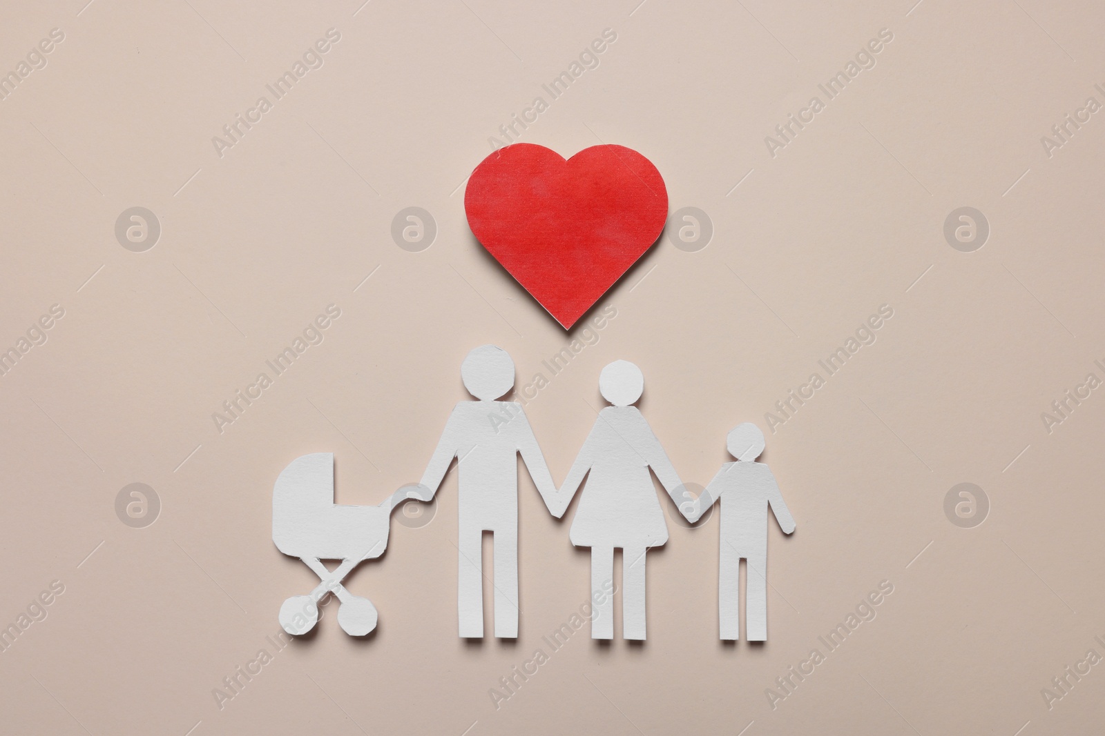 Photo of Paper family figures and red heart on beige background, flat lay. Insurance concept