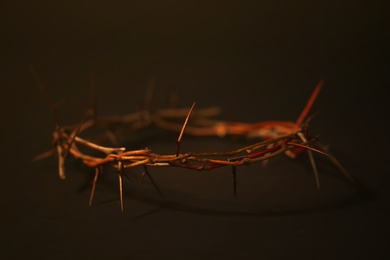 Photo of Crown of thorns on dark background, space for text. Easter attribute