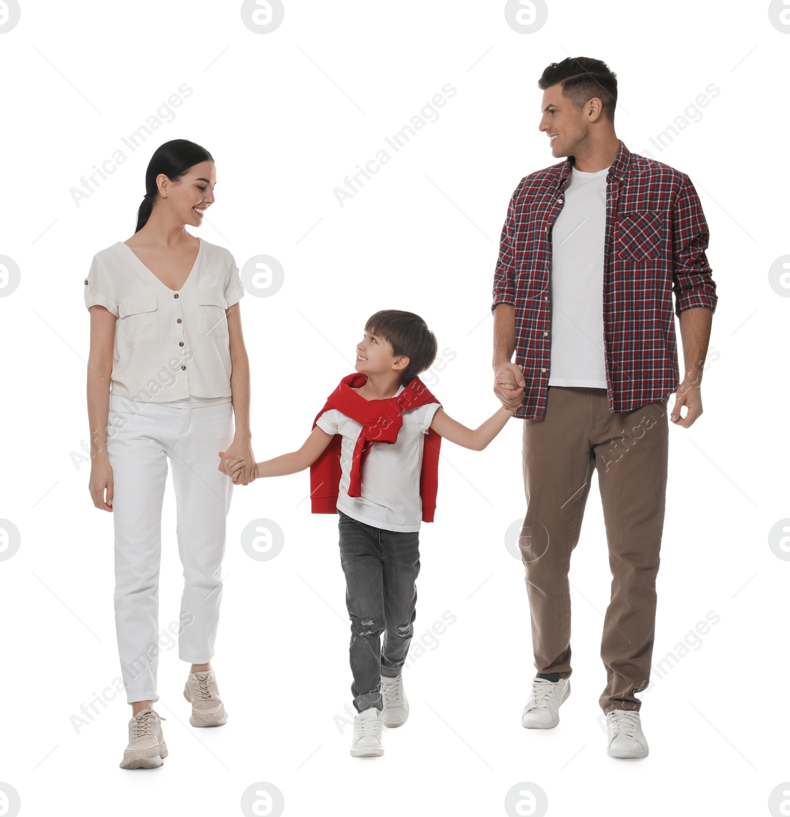 Photo of Little boy with his parents together on white background