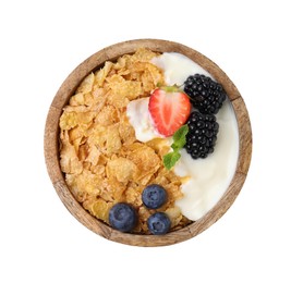 Delicious crispy cornflakes, yogurt and fresh berries in bowl on white background, top view. Healthy breakfast