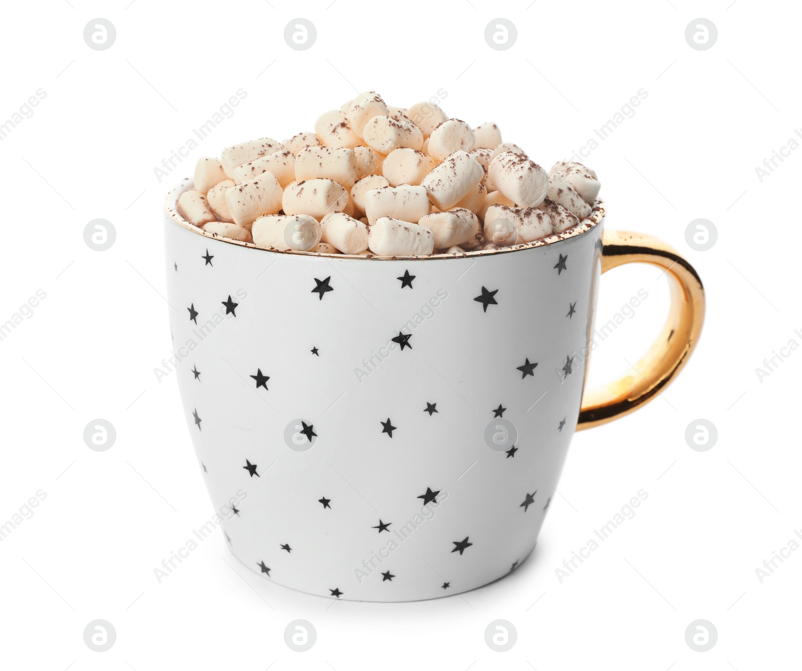 Photo of Delicious cocoa drink with marshmallows on white background