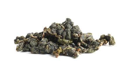 Photo of Heap of Tie Guan Yin Oolong tea on white background