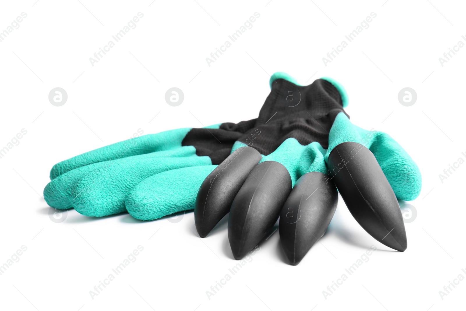 Photo of Pair of gardening gloves on white background