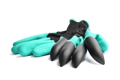 Photo of Pair of gardening gloves on white background