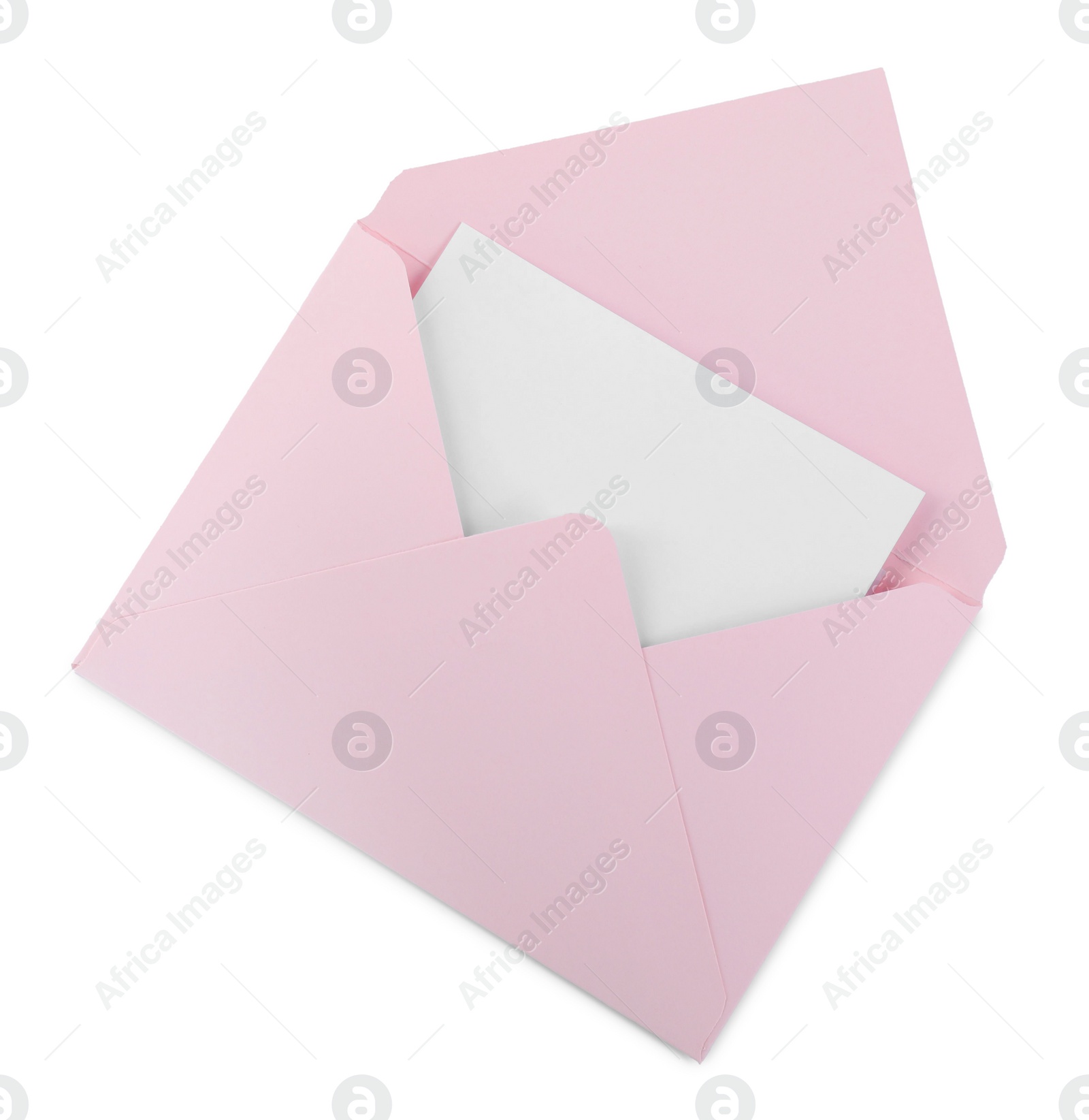 Photo of Pink letter envelope with card isolated on white, top view