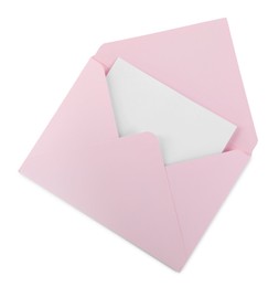 Photo of Pink letter envelope with card isolated on white, top view