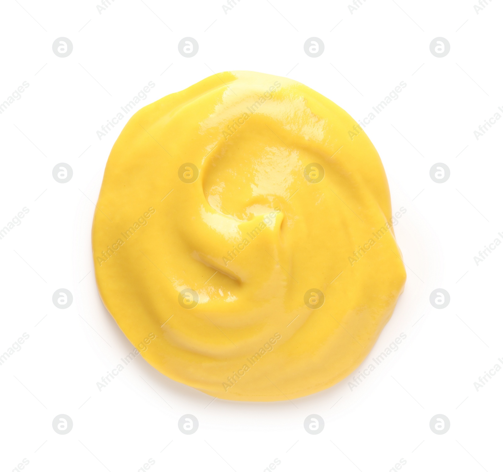 Photo of Delicious mustard isolated on white, top view. Spicy sauce