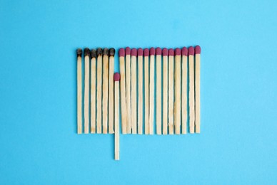 Flat lay composition with burnt and whole matches on light blue background