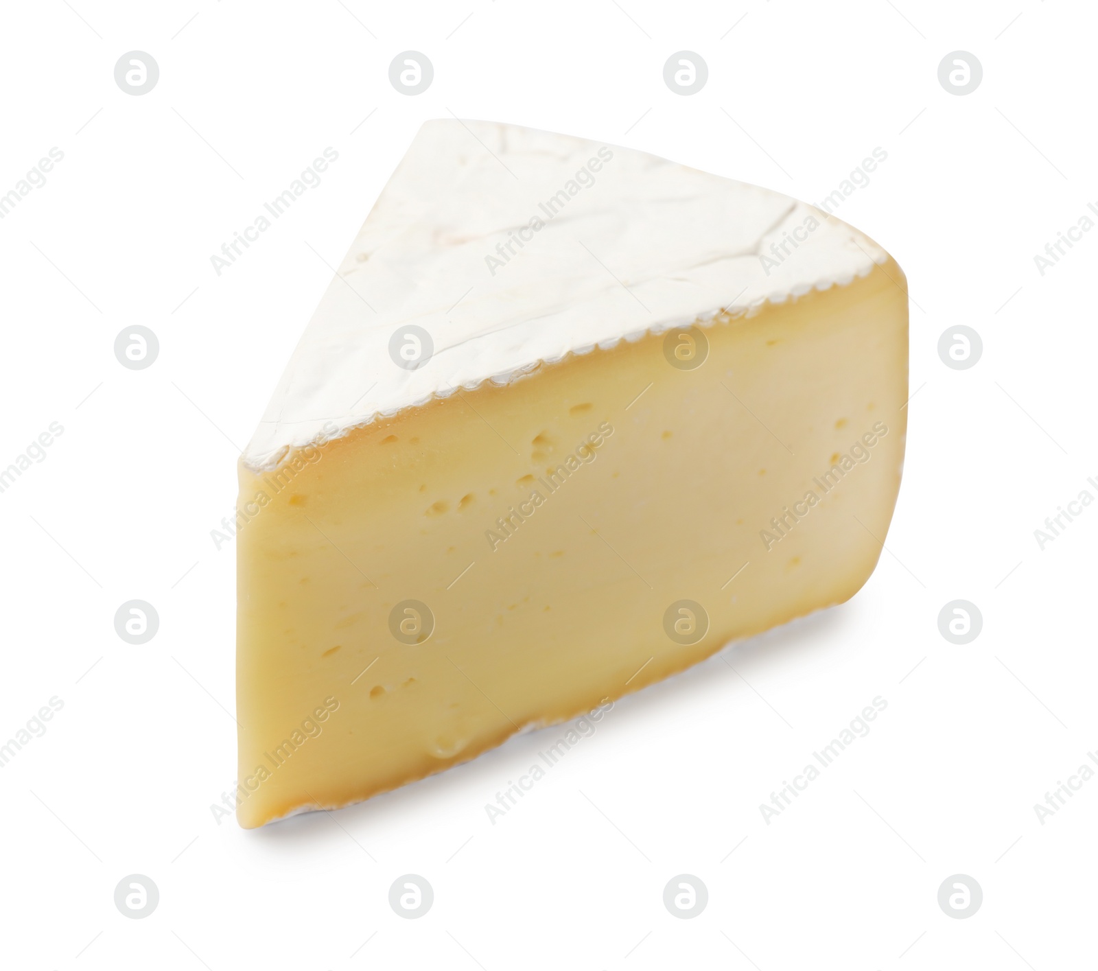 Photo of Piece of tasty camembert cheese isolated on white