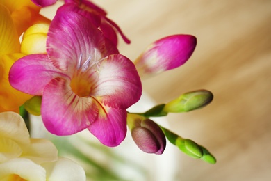 Photo of Beautiful freesia flowers on blurred background, closeup