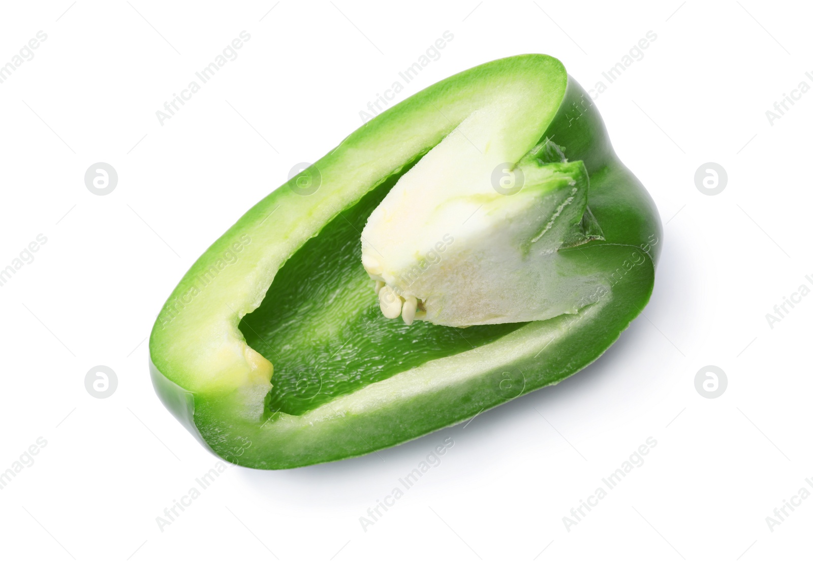 Photo of Slice of fresh green bell pepper on white background, top view