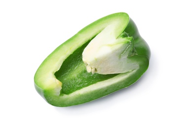 Slice of fresh green bell pepper on white background, top view