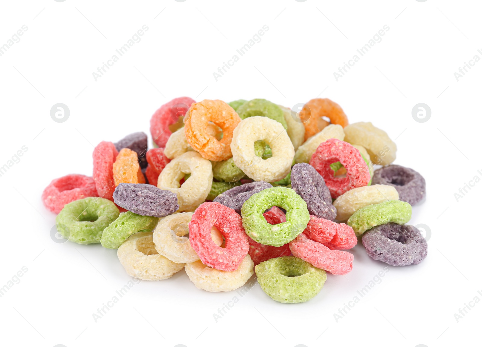 Photo of Sweet crispy corn rings on white background. Breakfast cereal