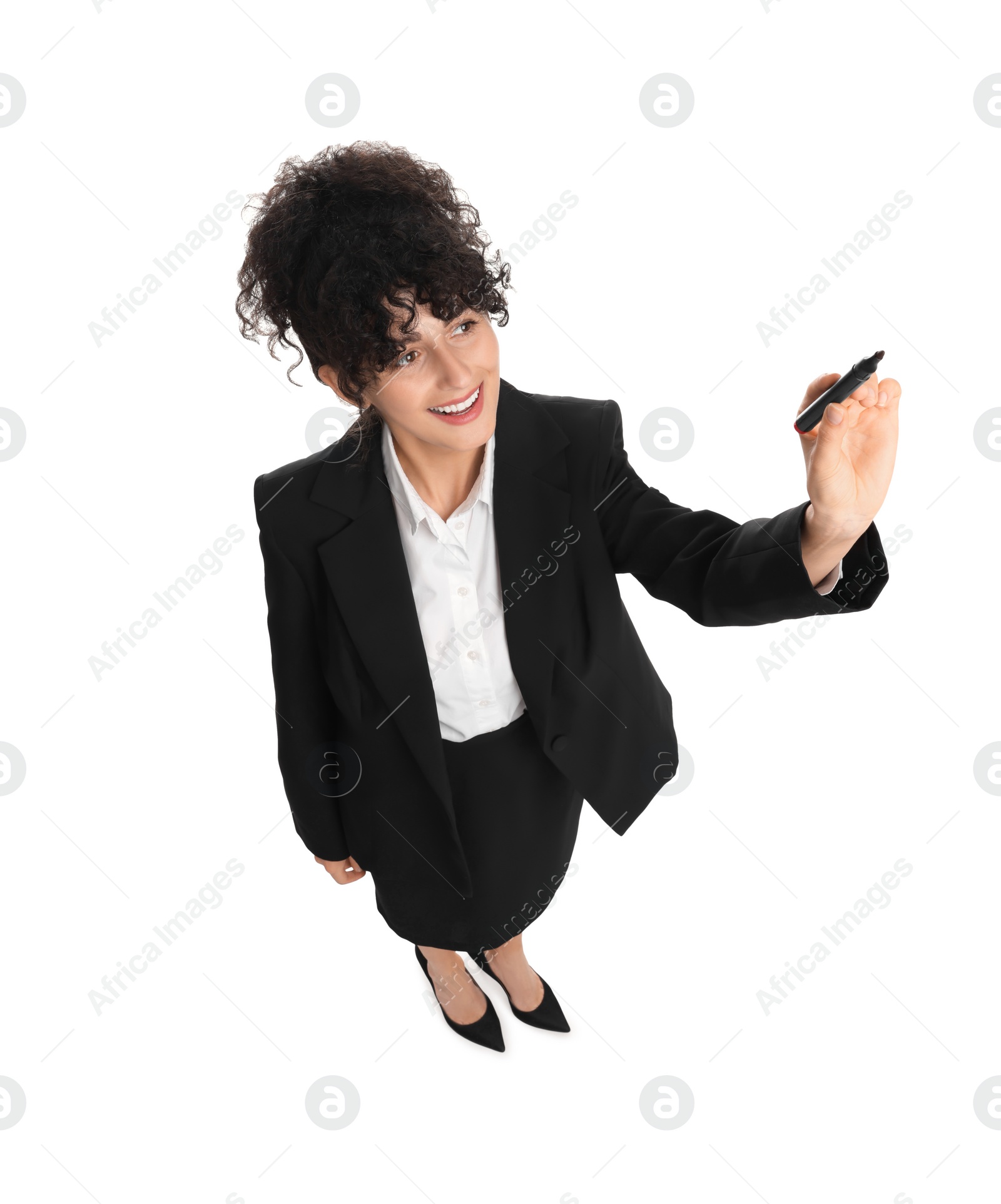 Photo of Beautiful businesswoman in suit with marker on white background, above view