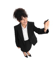 Beautiful businesswoman in suit with marker on white background, above view