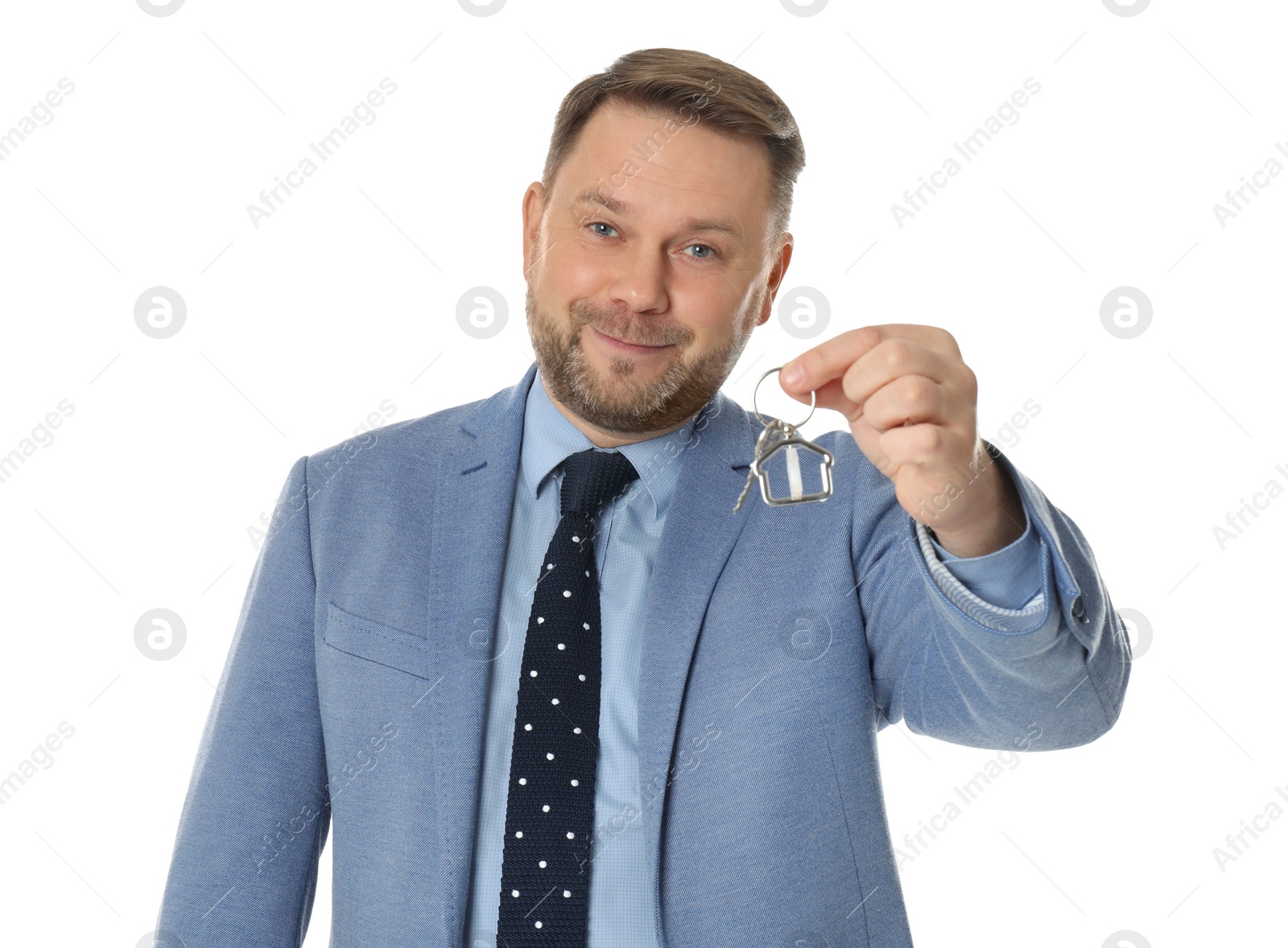 Photo of Real estate agent holding key on white background