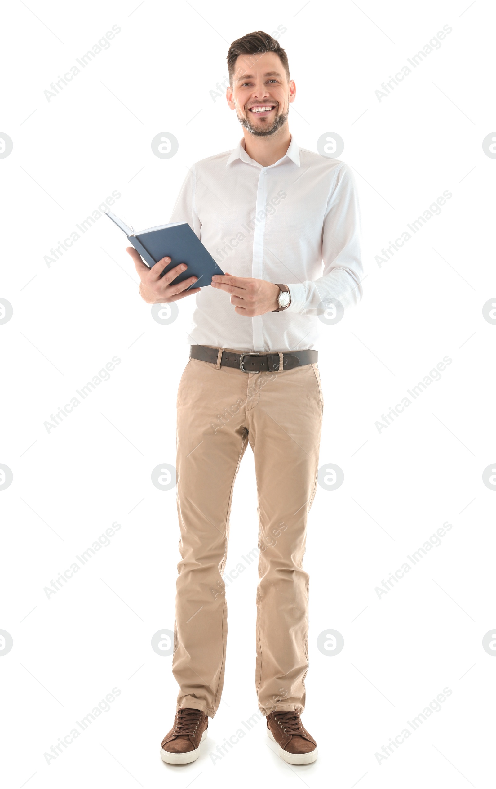 Photo of Male teacher with book on white background