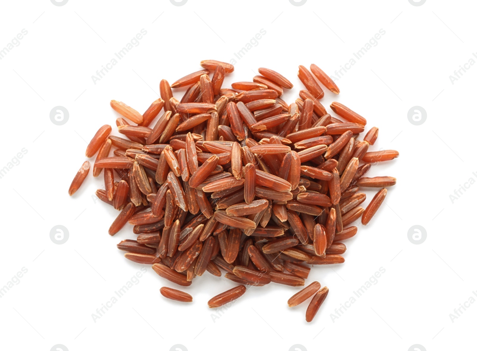 Photo of Pile of brown rice on white background, top view