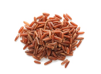 Photo of Pile of brown rice on white background, top view