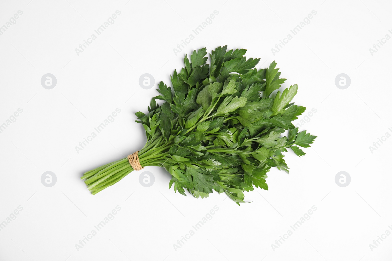 Photo of Bunch of fresh green parsley on white background, top view