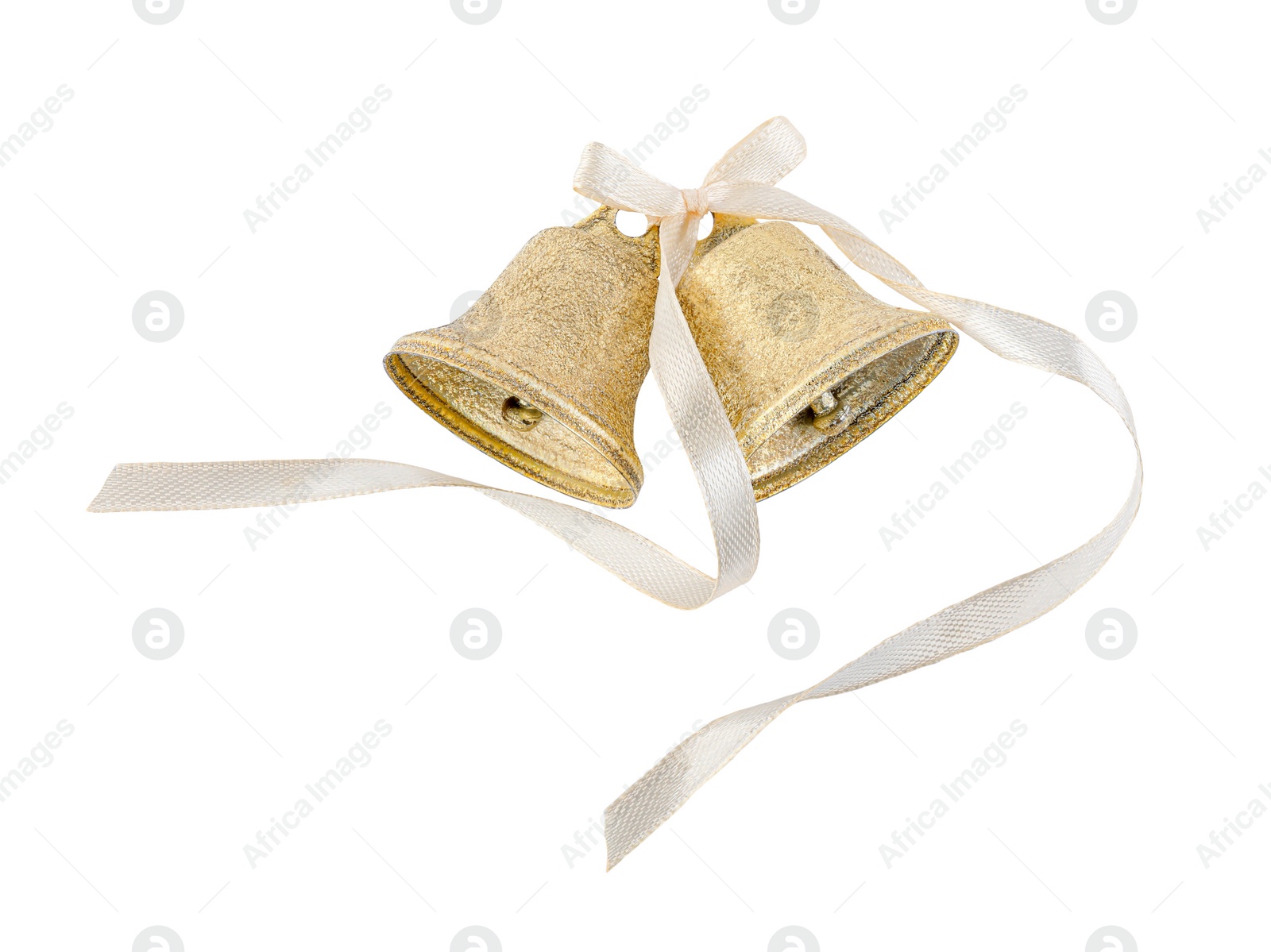 Photo of Golden shiny bells with bow isolated on white. Christmas decoration