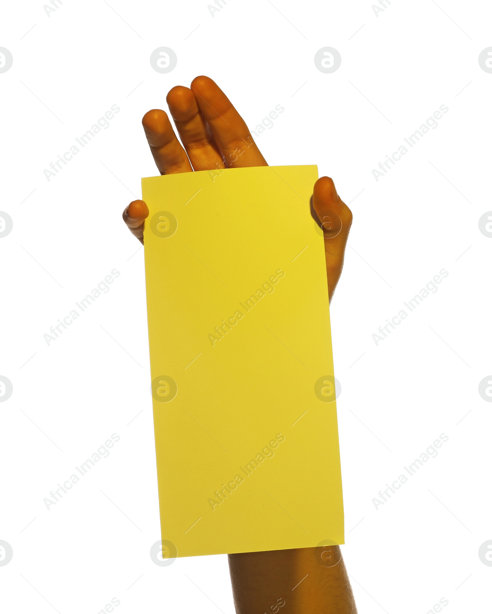 Photo of Man holding flyer on white background, closeup and space for text. Color tone effect