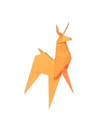 Photo of Origami art. Handmade orange paper deer on white background